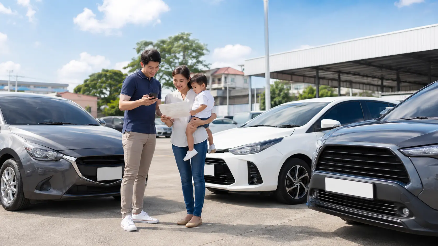 Filipino family comparing sedan, hatchback, and SUV options in a clean car lot while reviewing a phone and car-buying checklist.